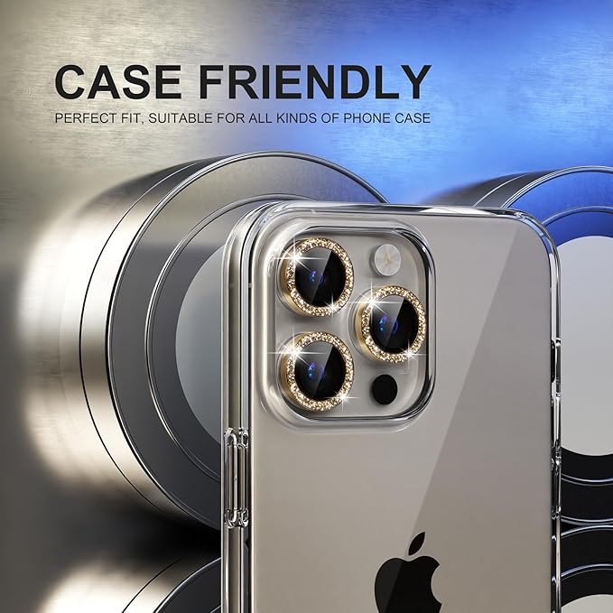 Choiche Compatible for iPhone 15 Pro/iPhone 15 Pro Max Camera Lens Protector Bling, 9H Tempered Glass Camera Cover Screen Protector Metal Ring Decoration Accessories (Glitter-Gold)