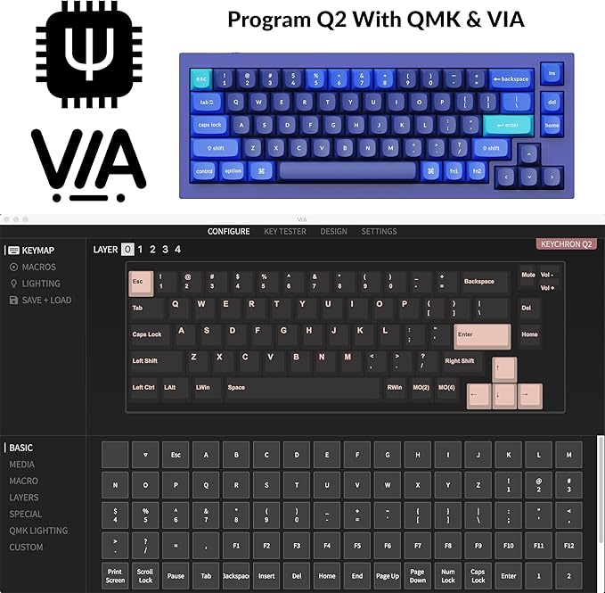 Keychron Q2 Wired Custom Mechanical Keyboard, QMK/VIA Programmable Macro, Full Aluminum, Hot-Swappable Gateron G Pro Brown Switch, 65% Layout Double Gasket Compatible with Mac and Windows - Blue
