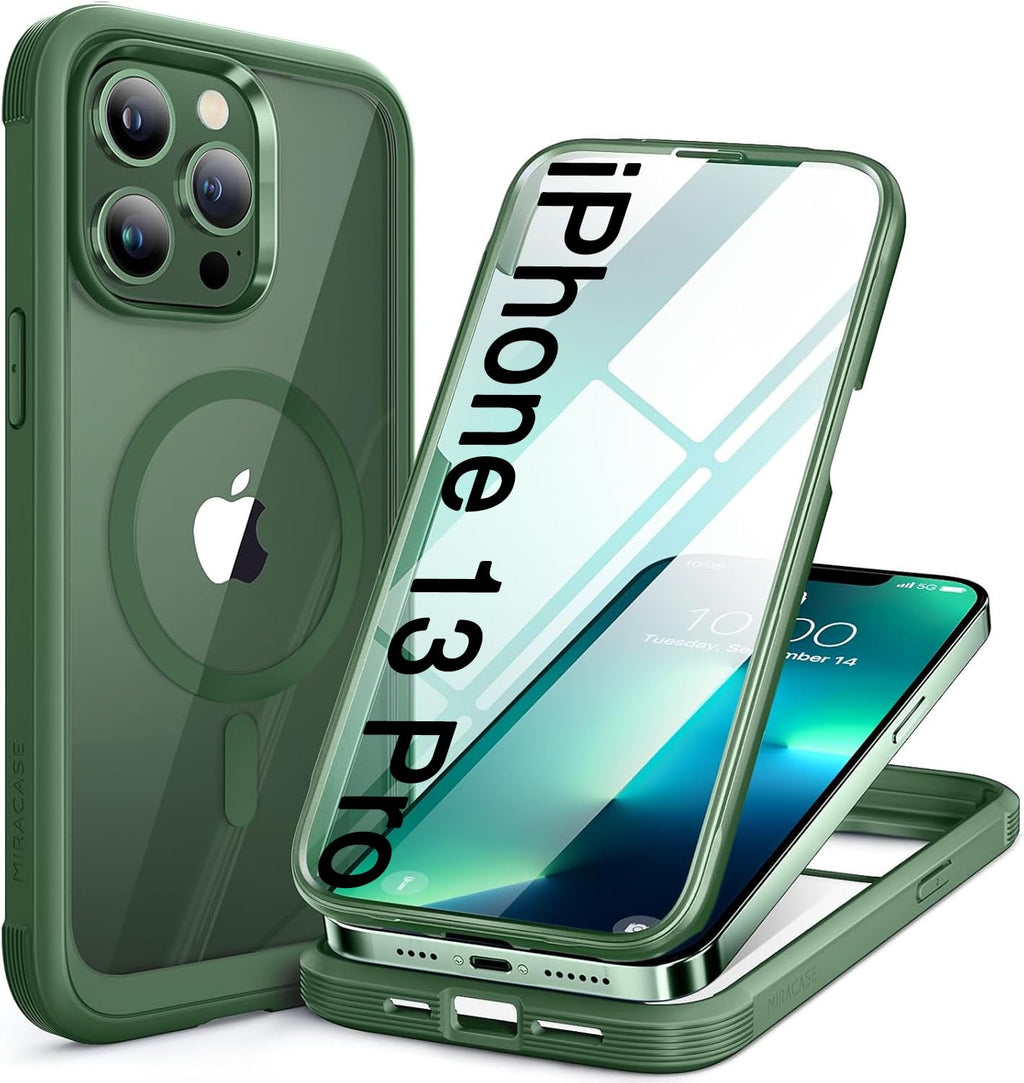 Miracase for iPhone 13 Pro Case 6.1",Full-Body Protection,Clear Bumper Case with Built-in 9H Tempered Glass Screen Protector,Military-Grade Drop Protection Outdoor Phone Case for iPhone 13 Pro,Green