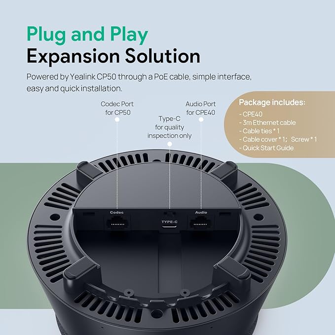 Yealink CPE40 Conference Speaker, Expansion Microphone for CP50, Ai Noise Cancellation, 8 360° Omni Mics Array, 19.6ft Pickup, Daisy Chain up to 7 Speakerphones for Zoom, Teams, Large Meeting Room