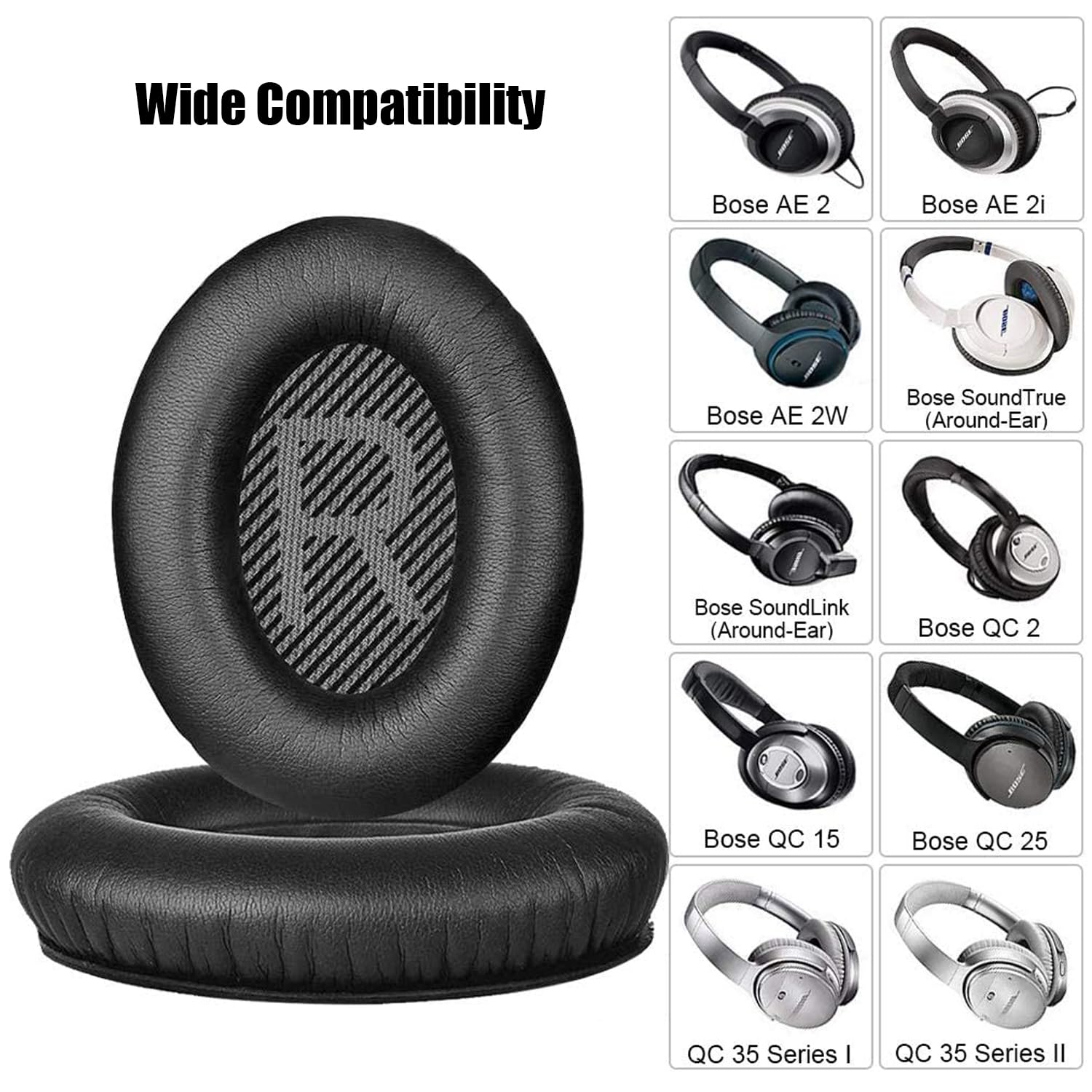 Replacement Earpads Cushions for Bose QuietComfort 35 ii/QC35/QC25/QC2/QC15/Ae2/Ae2i/Ae2w, Thickened Soundproof Sponge, Ear Pads with Softer Leather Ear Pads for Bose(Black)