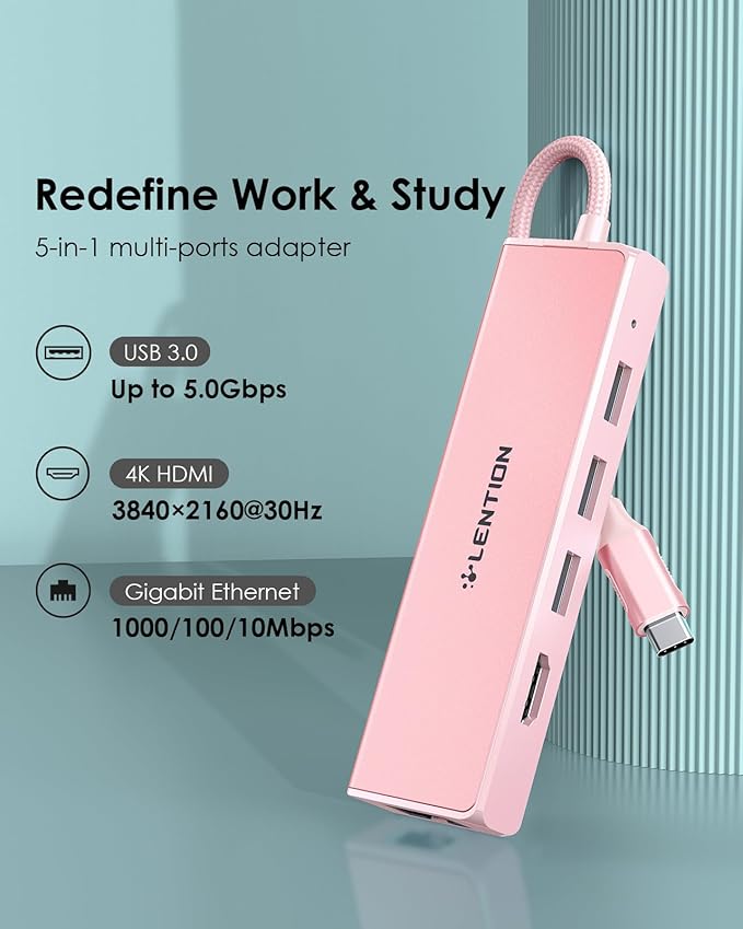 LENTION USB C Hub with 1000Mbps Ethernet Adapter, 4K HDMI, 3 USB 3.0 Port for 2024-2016 MacBook Pro 13/14/15/16, New Mac Air & Surface, Chromebook, More, Stable Driver Certified (CB-C25, Rose Gold)