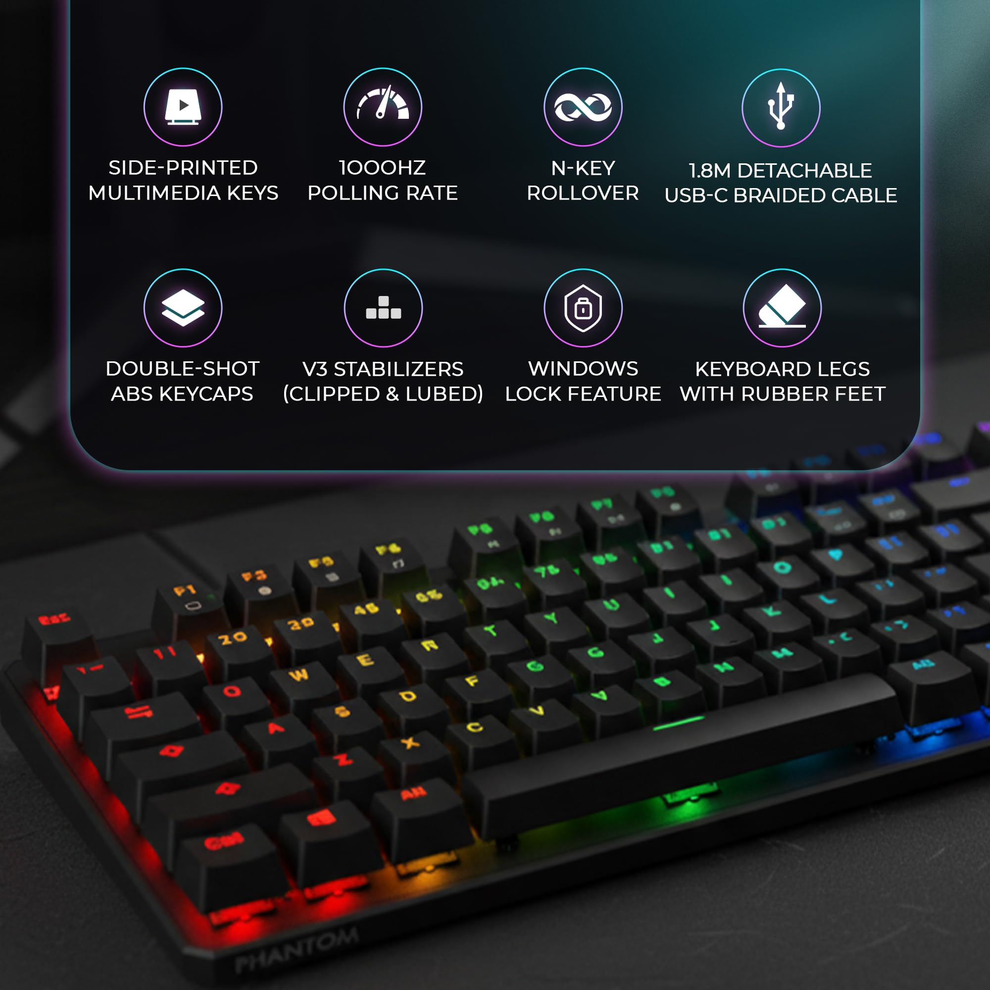 TECWARE Phantom+ 87 Key RGB Mechanical Gaming Keyboard, Black | TKL Thocky Creamy Keyboard, Hot Swappable, Double Shot ABS Keycaps, Wired USB-C, N-Key Rollover | Wraith Brown Linear Switch