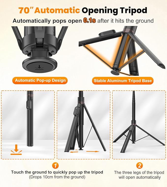 TONEOF 70" Automatic Phone Tripod with Magnetic Rechargable Remote,Selfie Stick 360° Vertical & Horizontal Rotatable,Stable for iPhone/Android(Black)