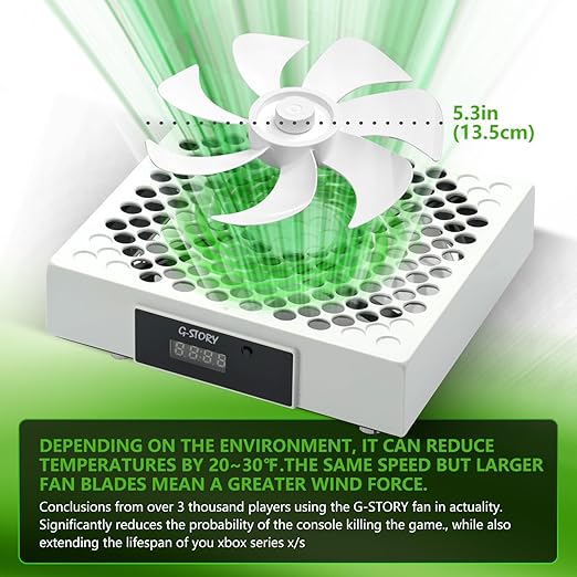 G-STORY Cooling Fan for Xbox Series X with Automatic Fan Speed Adjustable by Temperature, LED Display, High Performance Cooling, Low Noise, 3 Speed 1500/1750/2000RPM (140MM) with RGB LED (White)