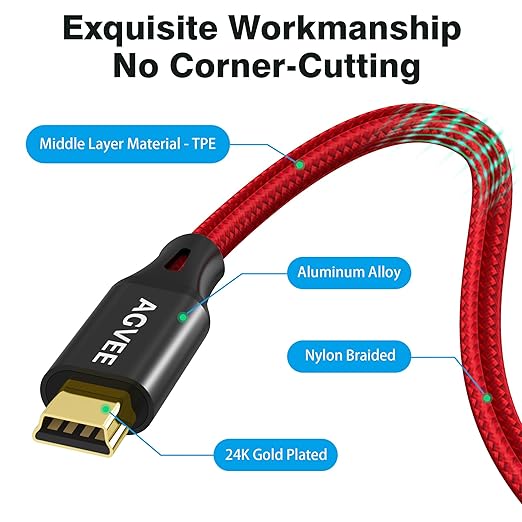 AGVEE 3.3ft Mini USB Cable, Braided Durable USB-A to Mini-B Charger Charging Cord for TI-84, Garmin GPS, Go-Pro Hero 4 3 2 HD, PS3 Controller, Canon Camera, Blue Yeti Microphone, Red
