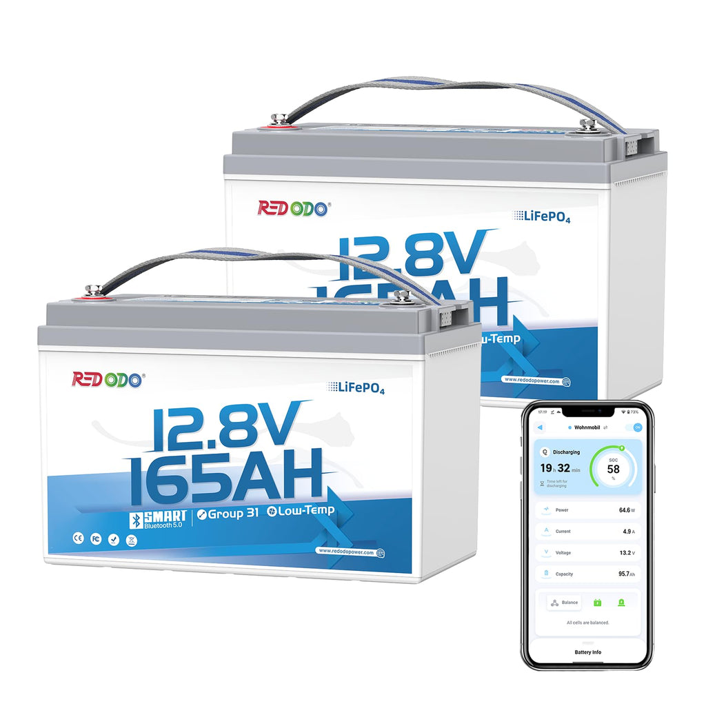 Redodo Group 31 Bluetooth LiFePO4 Battery 12V 165Ah, 2112Wh Max. Energy, 165A BMS with Low Temp Protection, Perfect for RV, Marine, Solar, Home Energy Storage (2 Pack)