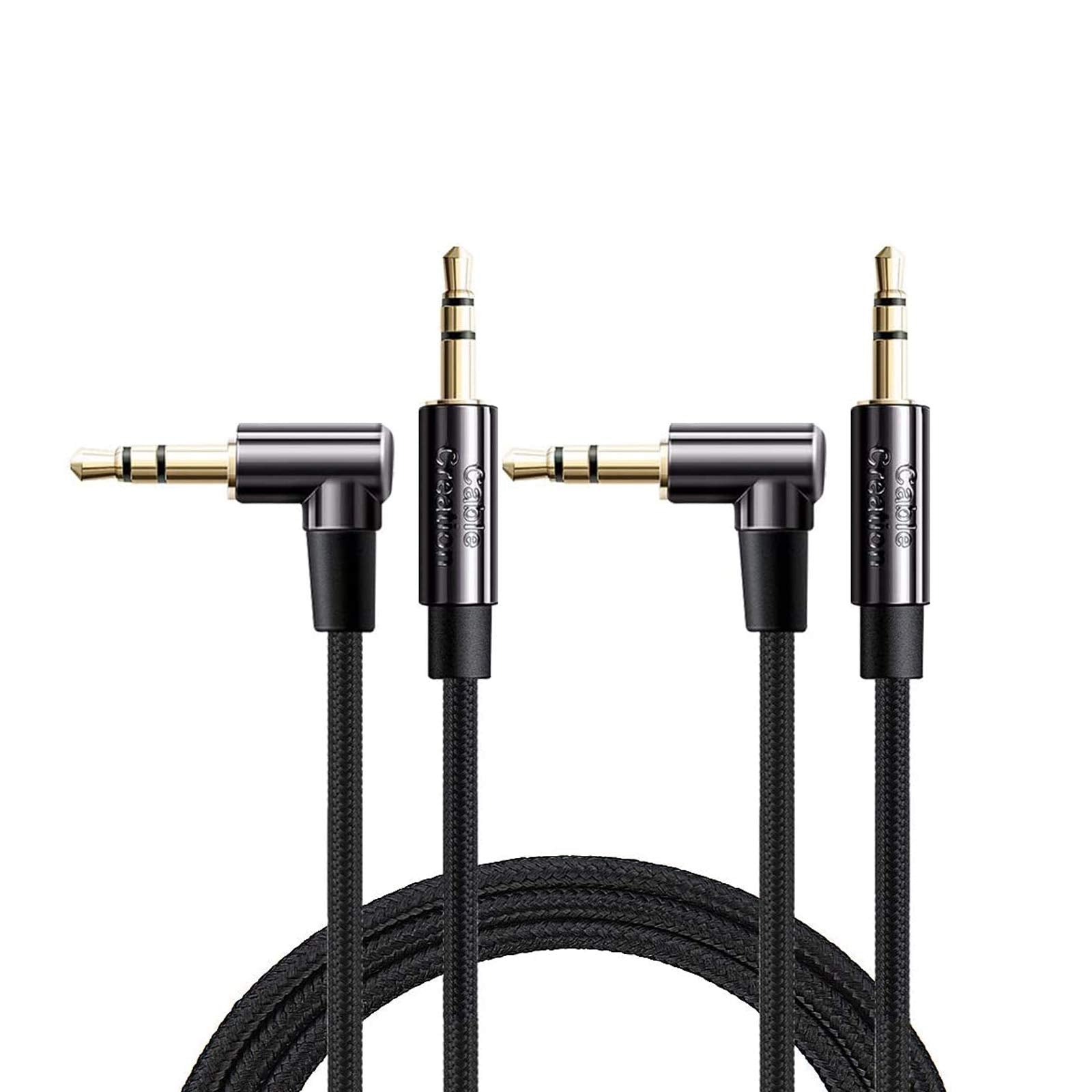 CableCreation 2-Pack 3.5mm Aux Cable 3FT/0.9m, 90 Degree 3.5mm Male to Male HiFi Cable with Silver-Plating Copper Core for Car Stereos, iPhones, PS4 Headset, Beats, Echo-Dot, 24K Gold Plated
