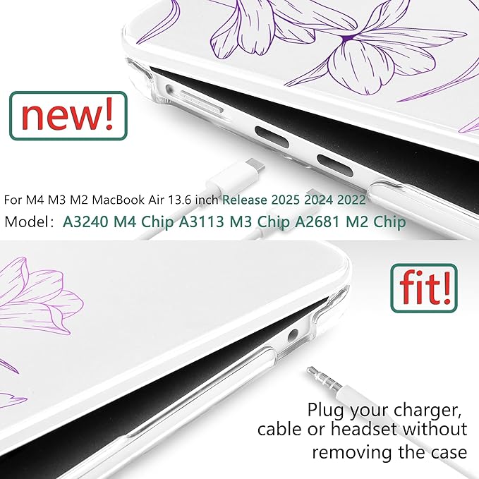 TWOLSKOO Compatible with M4 MacBook Air 13.6 inch Case 2025-2022 Release M4 A3240 M3 A3113 M2 A2681, Plastic Hard Shell & Keyboard Cover & Type C Adapter & Screen Protector, Engraved Floral2