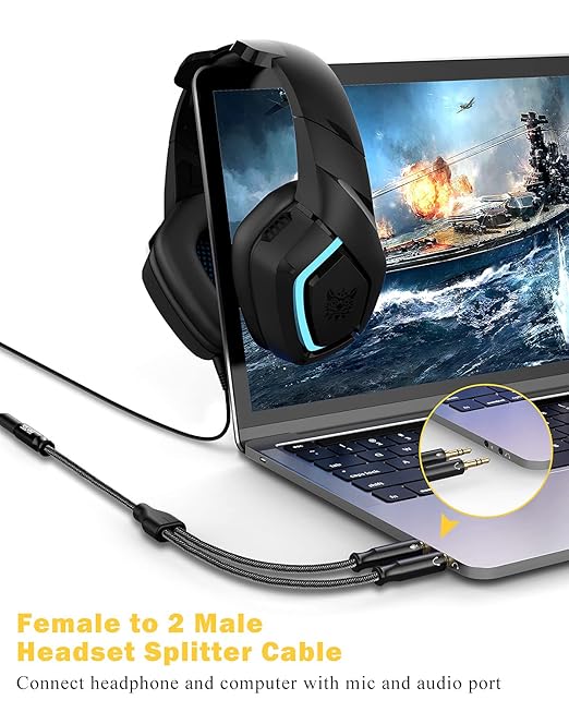 3.5mm Headset Splitter for PC 2 Pack, Crystal-Nylon Braid Female to Dual 3.5mm TRS Male Headphone Mic Splitter Audio Y Cable, CTIA Gaming Headset to PC Adapter - Matte Black 0.3M…