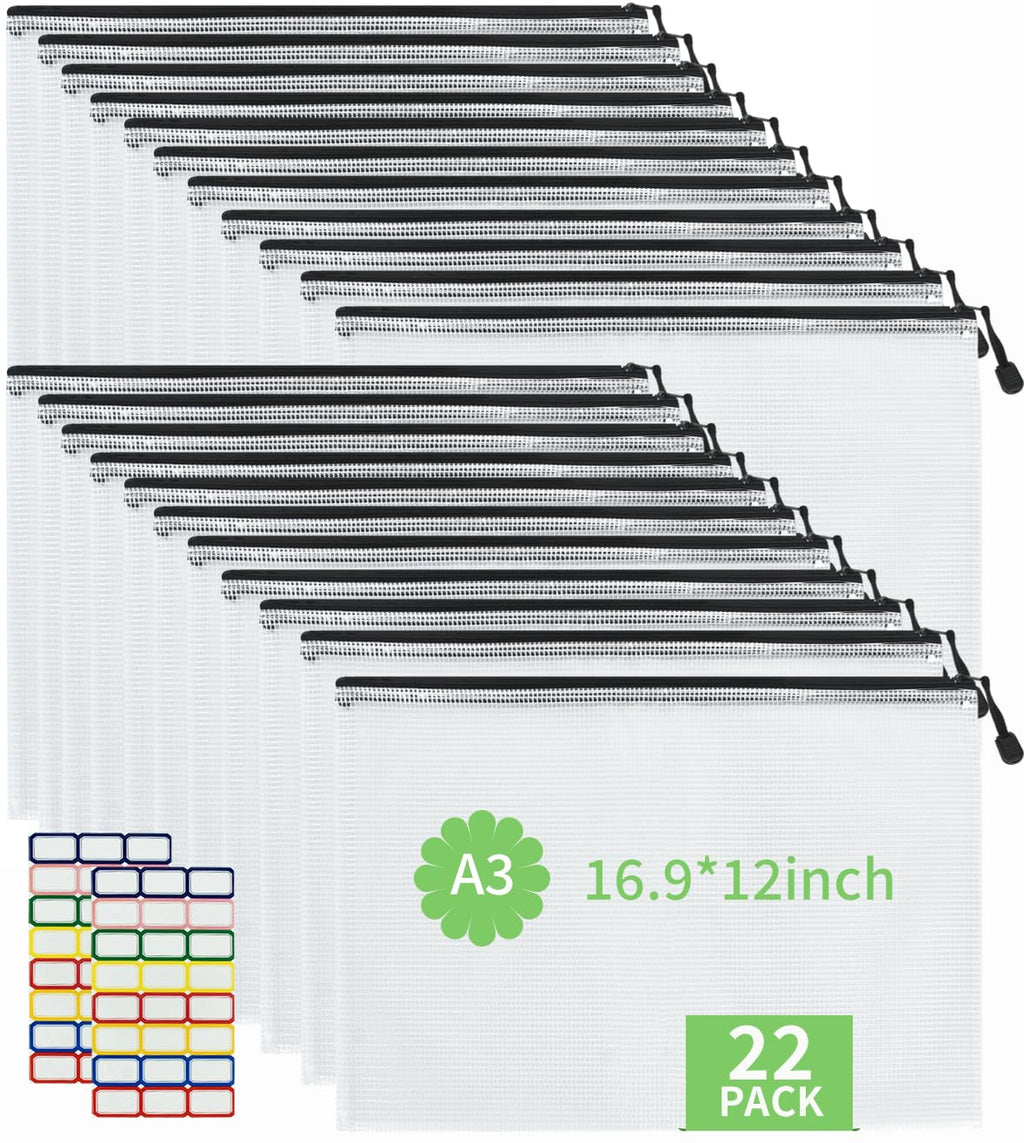 Vuzvuv 22Pcs A3 Size-16.9"x 12" Large Mesh Zipper Pouch with Label Sticker, Plastic Document Mesh Bag for File Board Game School Office Home Travel Storage（43cm30cm）