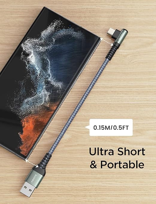 AINOPE USB C Cable 0.5ft, 3.1A Type C Charger Fast Charging Cable Right Angle, Durable Nylon Braided USB C Charging Cable Compatible with Galaxy S10 S9 Plus S21, Note 10 9 LG, Type C Charger Cable