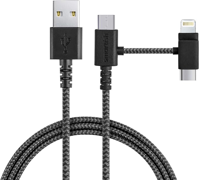 Smartish USB-C/Lightning Cable for iPhone 16/15/14 - Crown Joule - 6Foot Universal Fast Fabric Wrapped Charging Cable w/Micro-USB - Apple MFi Certified for iPhone 13/12/SE/iPad/AirPods/Android - Black