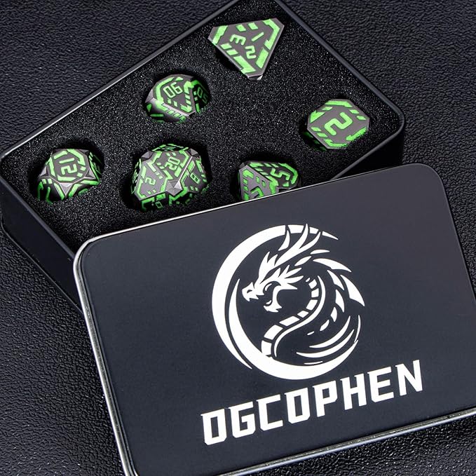 Metal DND Sci-fi Dice Set 7PCS Luminous Green Stripe Polyhedral Dice for Dungeons Dragons RPG Role Playing Game, Glitter D and D Dice with Gift Box D6 D8 D10 D12 D20
