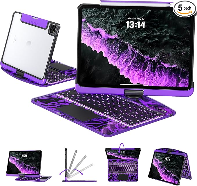 Transparent Case with Keyboard for 2024 iPad Pro 13 inch (M4), iPad Pro 13,7-Color Backlit,Magic Wireless Keyboard, 360°Rotating,Multi-Touch trackpad,Pencil Holder,with Shortcuts,Purple
