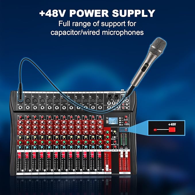 12 Channel Audio Mixer, Professional Music Mixer Board DJ Mixing Console with Bluetooth, USB/MP3 Player, Reverb, and 48V Phantom Power for Studio Recording, Karaoke, and Live Performances
