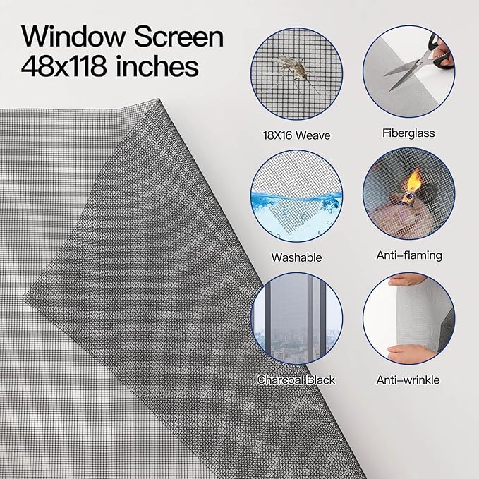 Screen Door Mesh Replacement Kit with All Tools Include Window Screens Mesh 48"x117", Screen Roller, Screen Spline, Spline Hook, Yolovit