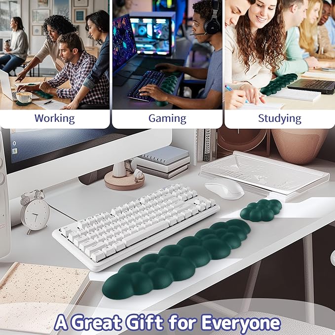 Cloud Wrist Rest Keyboard, Cloud Keyboard Wrist Pad Set with PU Leather Memory Foam, Cute Arm Rest for Palm Support, PC/Gaming Desk Accessories/Office Setup/Computer Hand Cushion - Dark Green
