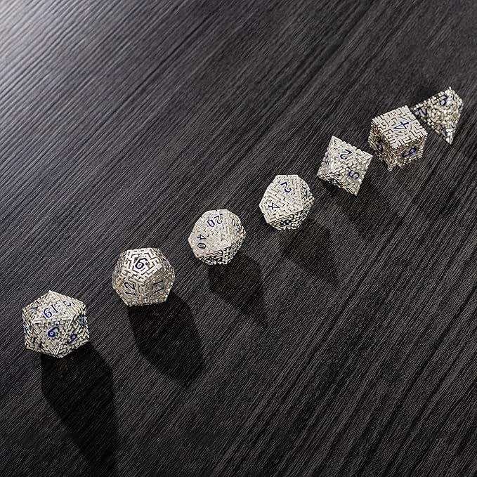 Silver Metal Hollow DND Dice Set (Cleric) Metallic Luster Maze Design with Storage Box - Balanced Weight 7 Piece Zinc Alloy, Designed for Dungeons and Dragons DM and Player RPG Accessories