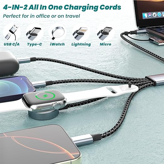 Travel Essentials 4 in 2 Multi Charging Cable for iWatch Charger(2Pack 5FT),USB A/USB C Multiple Charger Cable/Cord for All Devices Compatible for iWatch Ultra/SE/10-1,iPhone 16-11, Android,More