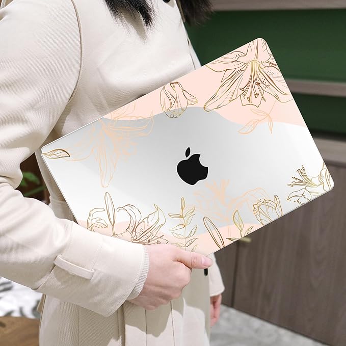MEEgoodo Case for MacBook Air M4/M3/M2 13.6 inch 2025 2024 2022, Fit Model A3240 A3113 A2681, Compatible with MacBook Air 13 inch, Laptop Hard Shell Case with Keyboard Cover, Gold Flowers Lilies