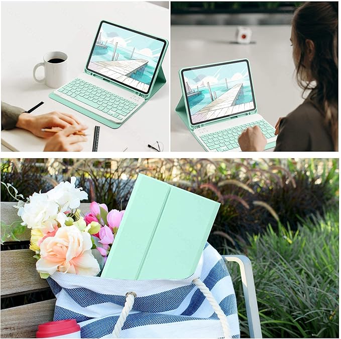 AnMengXinLing Keyboard Case for iPad 11th(A16)/iPad 10th Generation 2022 with Mouse Detachable Wireless Bluetooth Keyboard Pencil Holder Slim Leather Cover for iPad11/iPad10, Green