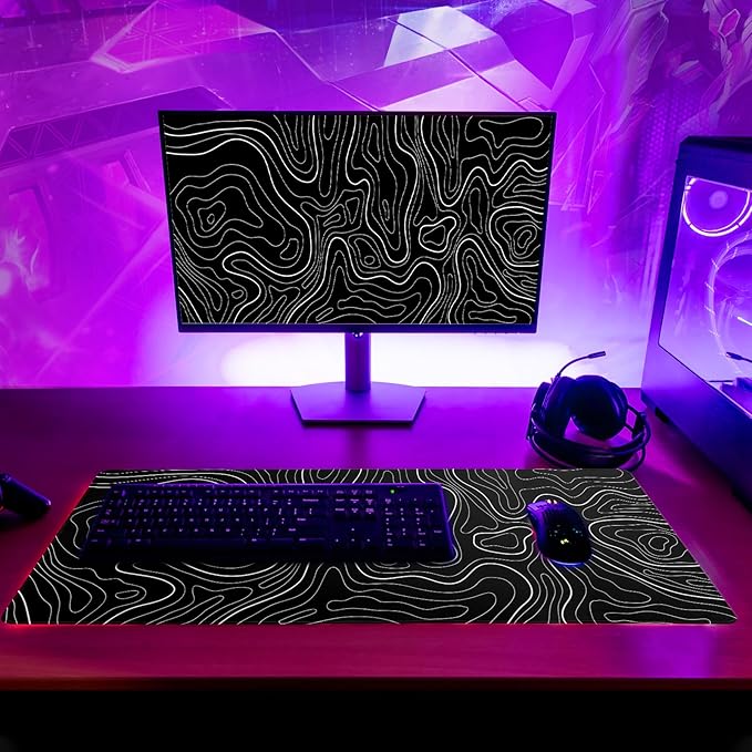 Topographic Contour Black Gaming Mouse Pad XL Geographic Map Lines Extended Big Large Desk Mat Non-Slip Rubber Base Stitched Edge Long Keyboard Mousepad for PC Computer Laptop,31.5x11.8 Inch