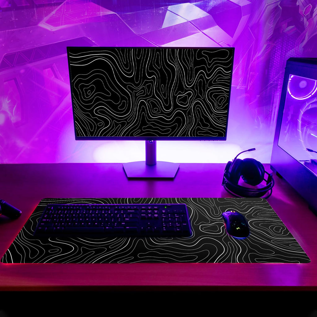 Topographic Contour Black Gaming Mouse Pad XL Geographic Map Lines Extended Big Large Desk Mat Non-Slip Rubber Base Stitched Edge Long Keyboard Mousepad for PC Computer Laptop,31.5x11.8 Inch