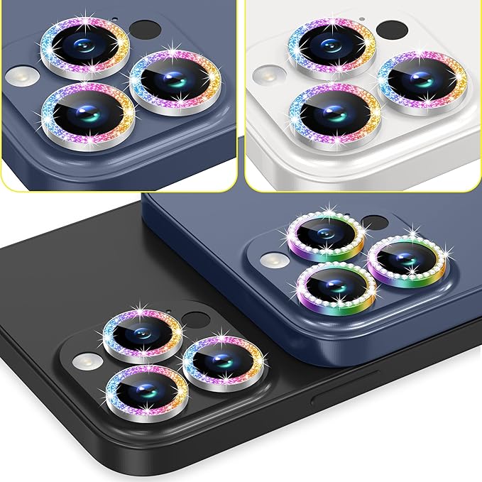 AGVEE 3+3 6 Pack for iPhone 15 Pro 6.1" / 15 Pro Max 6.7" Camera Lens Protector, Bling Diamond & Bling Glitter Metal Ring 9H Tempered HD Glass Camera Protector Cover Film, Bling-Colorful