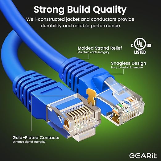 GEARit Cat 6 Ethernet Cable Pack - 50-Pack 1.5 ft Cat6 Ethernet Patch Cables | RJ45 Network Patch Cable, 10 Gbps Snagless Gold-Plated Connectors - Ethernet Cable Cat 6 for PC, TV, Router - Blue