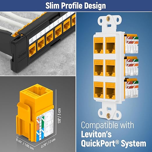 Everest 90° Angled RJ45 Cat6 Keystone Jacks 10-Pack in Yellow - Slim Profile Female RJ45 Connectors - Cat 6 Keystone Jack - Compatible with 90° Angled Speed Termination Tool - easyJACK (B094WB91H3)