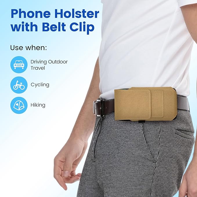 BECPLT for iPhone 17 Pro 17 16/15/14/13/12/11 Pro Belt Case Nylon Phone Holster with Belt Clip and Belt Loops Cell Phone Holder Carrying Pouch for Galaxy S25 S24 S23 S22 S21 S20 - Khaki
