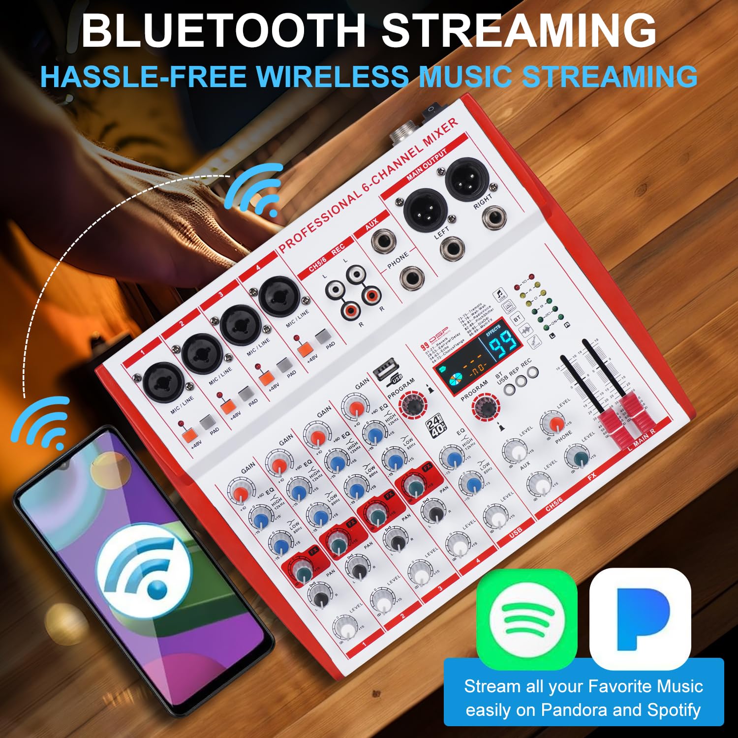 Yamnweo MW-6 White 6 Channel Professional DJ Audio Mixer, Portable Controller Mixer with DSP 99 Preset Effects for Live Streaming, Podcasting, Family Party, Music Recording