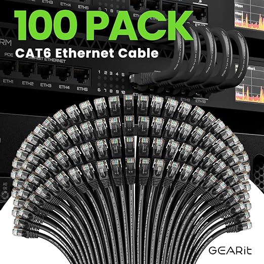 GearIT Cat 6 Ethernet Cable Pack - 100-Pack 1 ft Cat6 Ethernet Patch Cables | RJ45 Network Patch Cable, 10 Gbps Snagless Gold-Plated Connectors - Ethernet Cable Cat 6 for PC, TV, Router - Black