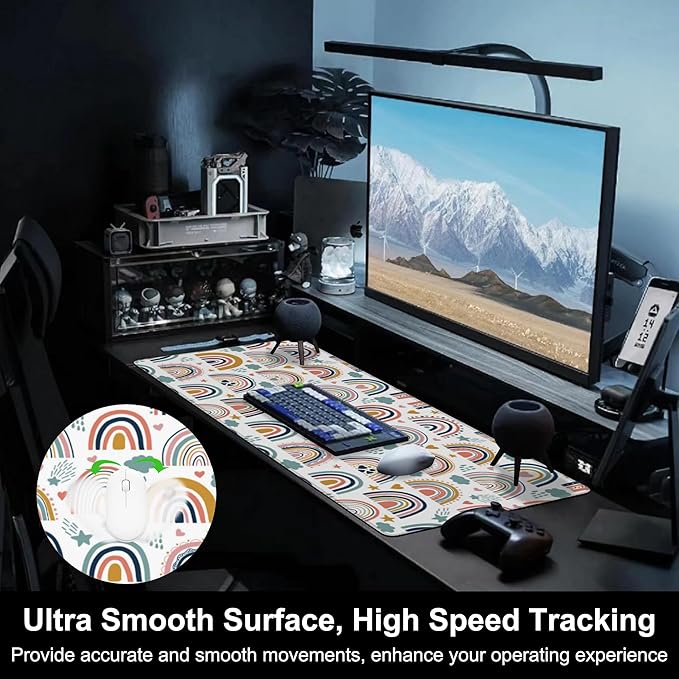 Mouse Pad, Large Boho Rainbow Desk Mat, Extended Non-Slip Gaming Keyboard Mousepad Desk Pad, Thick Stitched Edges Waterproof Mouse Mat 31.5"x15.7" (Scandi Rainbow and Stars Clouds)