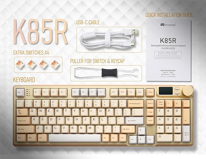 iRocks K85R Wireless RGB Backlit Mechanical Gaming Keyboard with LCD Display, Hot-Swappable Pre-lubed Switches, 98 PBT Keys, USB-C Detachable Cable (Light Golden, Silent Bubble Switch)