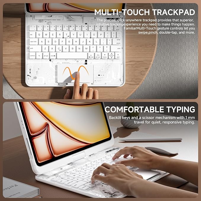 Transparent Case with Keyboard for 2024 iPad Pro 13 inch (M4), iPad Pro 13,7-Color Backlit,Magic Wireless Keyboard, 360°Rotating,Multi-Touch trackpad,Pencil Holder,with Shortcuts,White