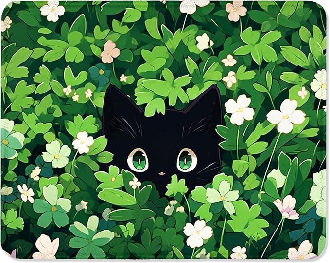 ITNRSIIET Mouse Pad with Stitched Edge Premium Textured Smooth Precise Operation Waterproof Washable Non-Slip Rubber Base Desktop Protection Mat, 10.2×8.3×0.12 inches, Green Leave Cat