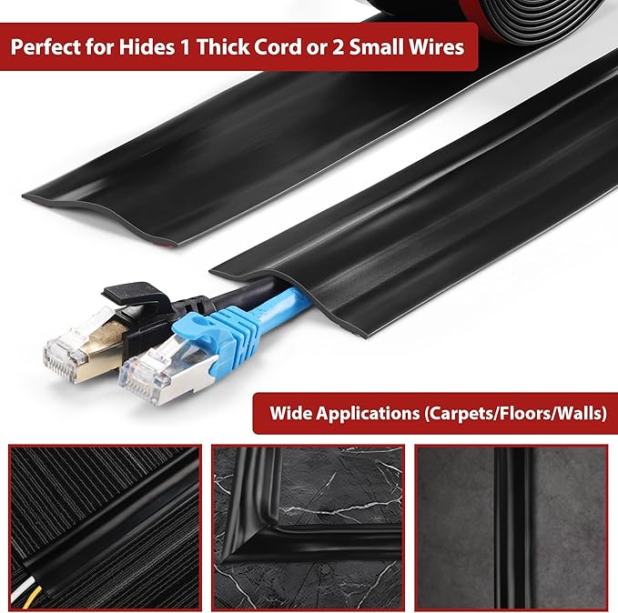 16.4ft Soft PVC Cord Cover, Self-Adhesive Cable Hider for Floor and Wall, Wire Management Protector for Commercial Office Carpet/Floors - Gray