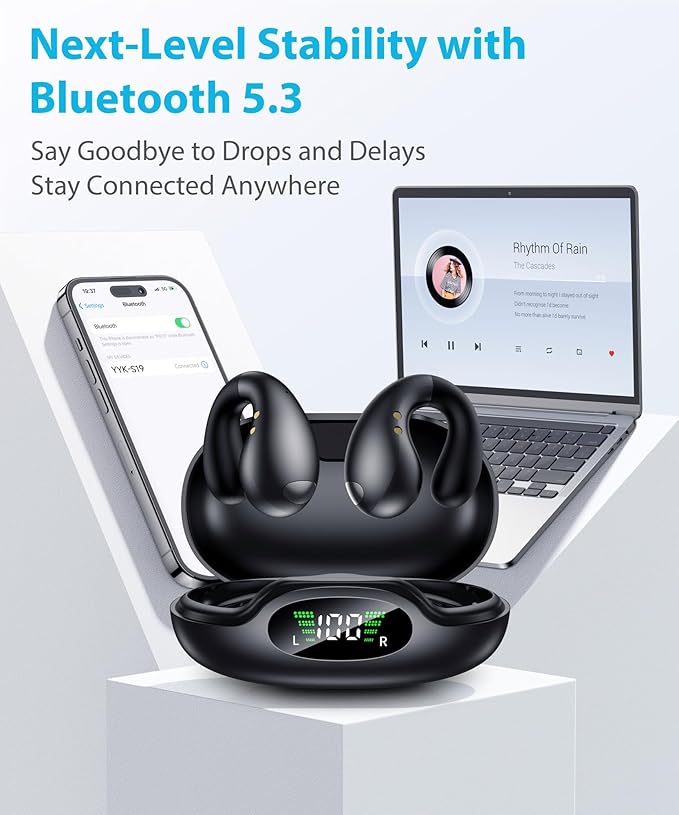 Ultra Open Ear Earbuds - Ergonomic Clip-On Earbuds, Bone Conduction Over-The-Ear Headphones with Waterproof Design and Secure Fit for Small Ears, Obsidian Black