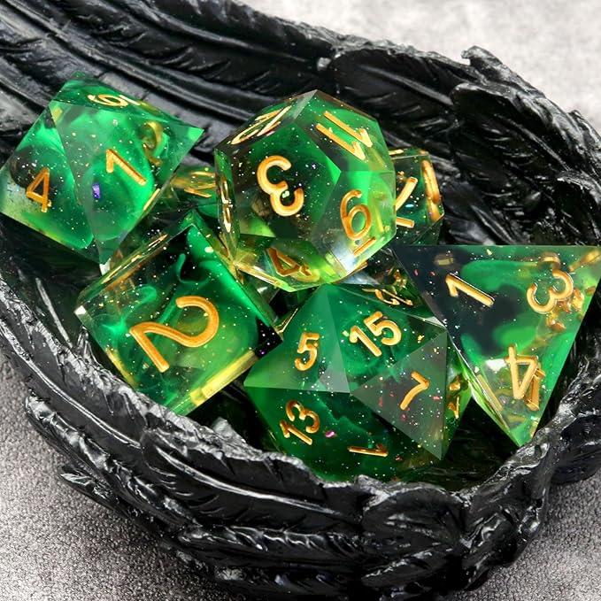 Haxtec Glitter DND Dice Set Sharp Edge Dice with Dice Case Handmade Green Resin D&D Dice Set for TTRPGs Compatible with Dungeons and Dragons Gifts