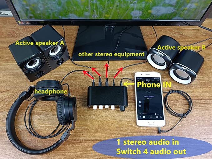 4-Way 3.5mm Stereo Audio Switch Input Signal Source Switcher Selector Splitter Box with line Volume Controller (4 in 1 Out / 1 in 4 Out) -MC41