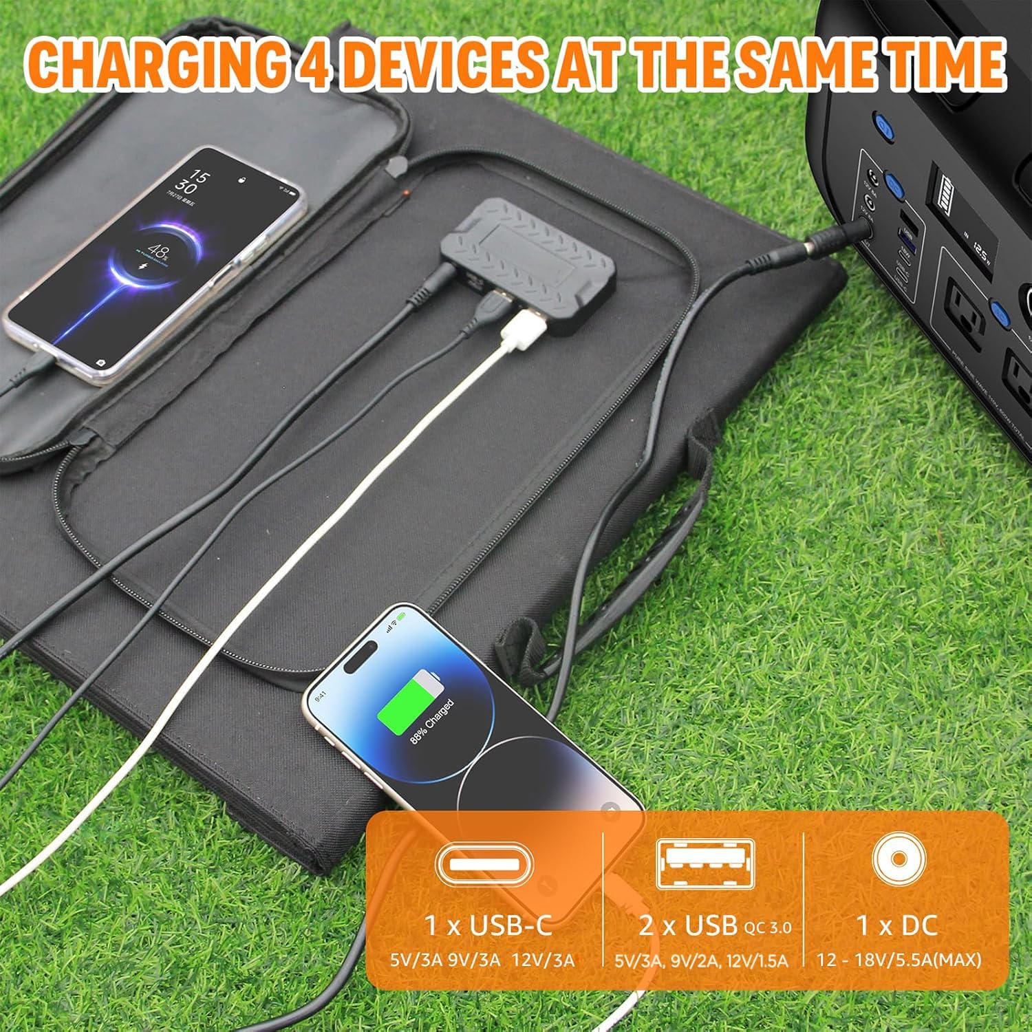 100W Portable Solar Panel for Power Station Generator, iPhone, Galaxy, Tablets, Foldable Solar Charger with USB QC 3.0/USB C/18V DC, IPX4 Waterproof Solar Panels for Camping Outdoor Van RV Trip