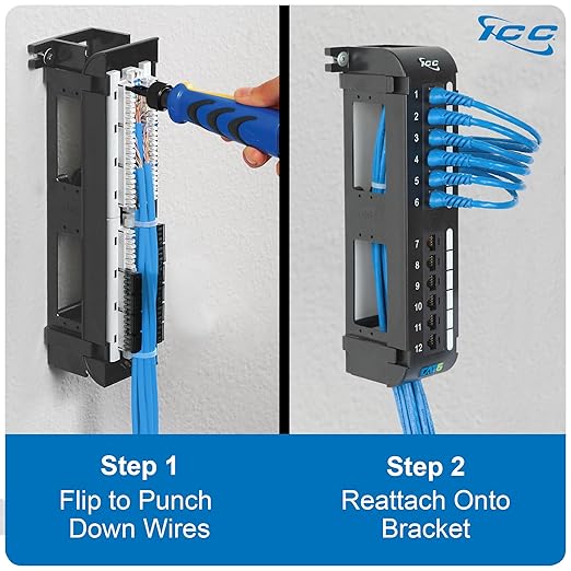 ICC CAT6 Patch Panel, UL Listed & PoE++ Rated Gigabit Applications, Wall Mount 12 Port Network Patch Panel with Rear 110 IDC Terminal Blocks and 89D Wall Mount Bracket, Black