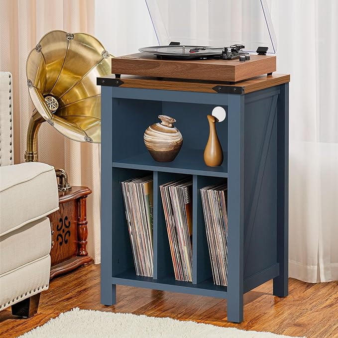 Record Player Stand with Vinyl Record Storage,Navy Blue Record Player Table Holds up to 160 Albums,Large Wood Turntable Stand Cabinet Dispaly Shelf for Living Room,Bedroom,Office