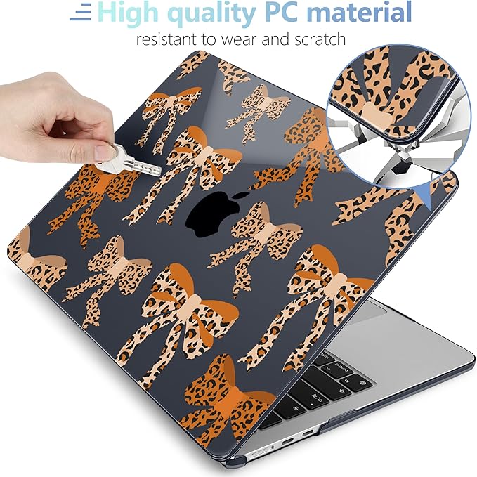 MEEgoodo Case for MacBook Air M4/M3/M2 13.6 inch 2025 2024 2022, Fit Model A3240 A3113 A2681, Compatible with MacBook Air 13 inch, Laptop Hard Shell with Keyboard Cover, Ribbon Bow with Leopard Skin