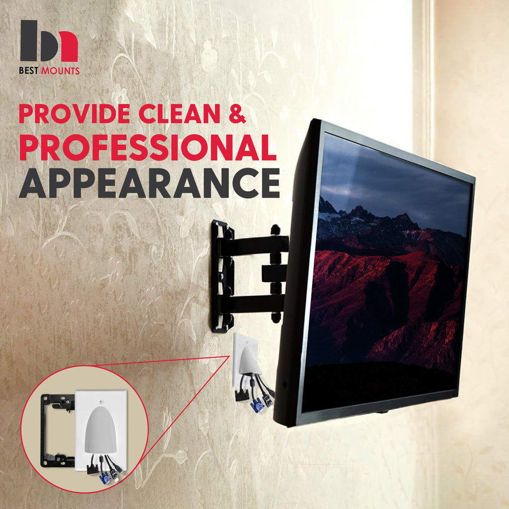 1 Pack Wall Plate Cable Pass Through with Bracket - In Wall Cable Management Kit - Recessed Cable Wall Plate Pair with Single Gang Low Voltage Mounting Bracket - Decorator Cover for Low Voltage Cables