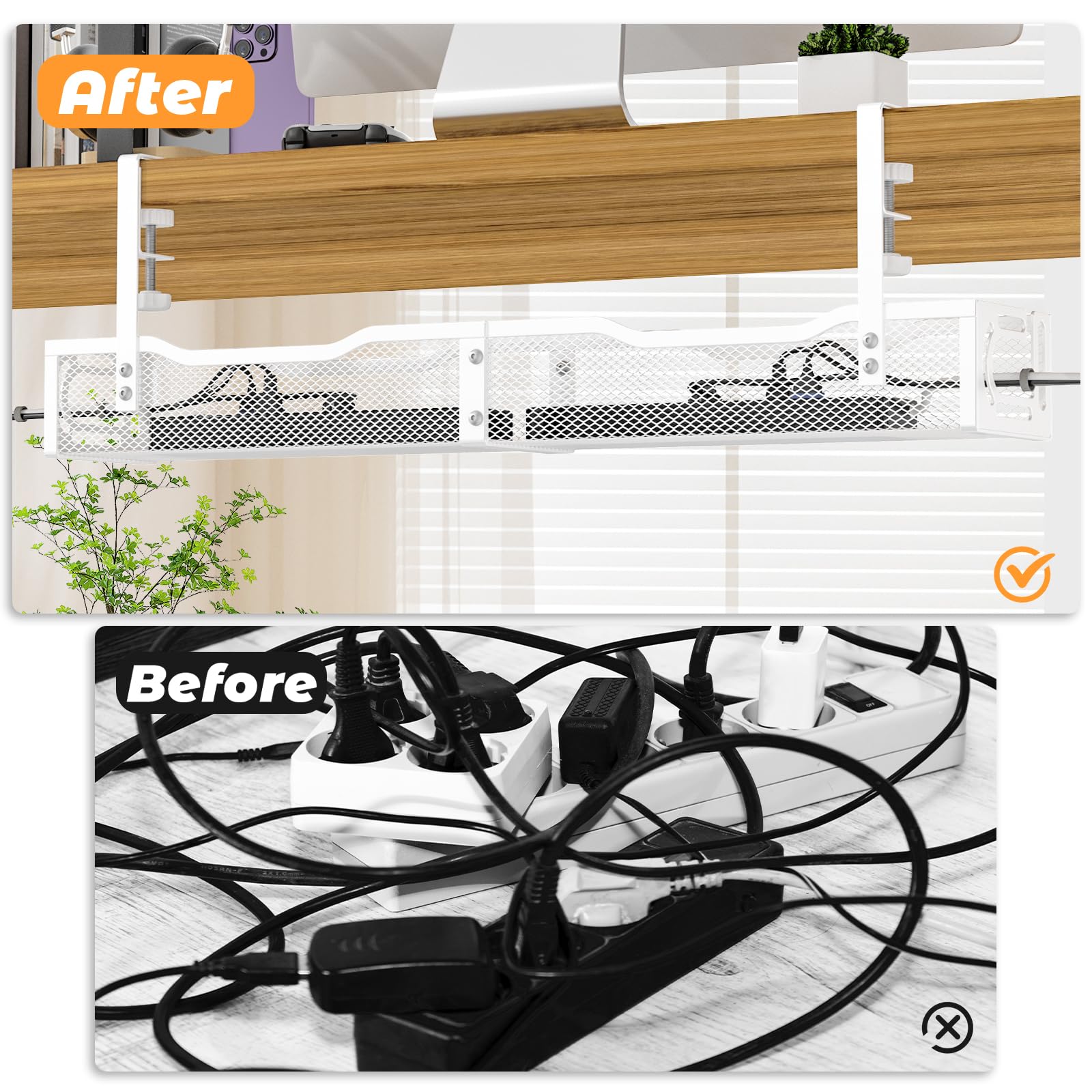 Under Desk Cable Management Tray, No Drill Steel Desk Cable Organizers, Wire Management Tray Cable Management Rack (24.4" Length-White)