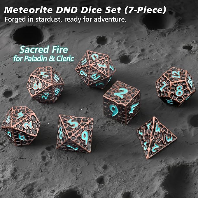 PJOY Metal D&D Dice Set for Dungeons and Dragons Dice with Case Meteorite Copper Blue Numbers 16mm 7PCS Role Playing Cool Dice DND Gifts for Players DM Game Masters