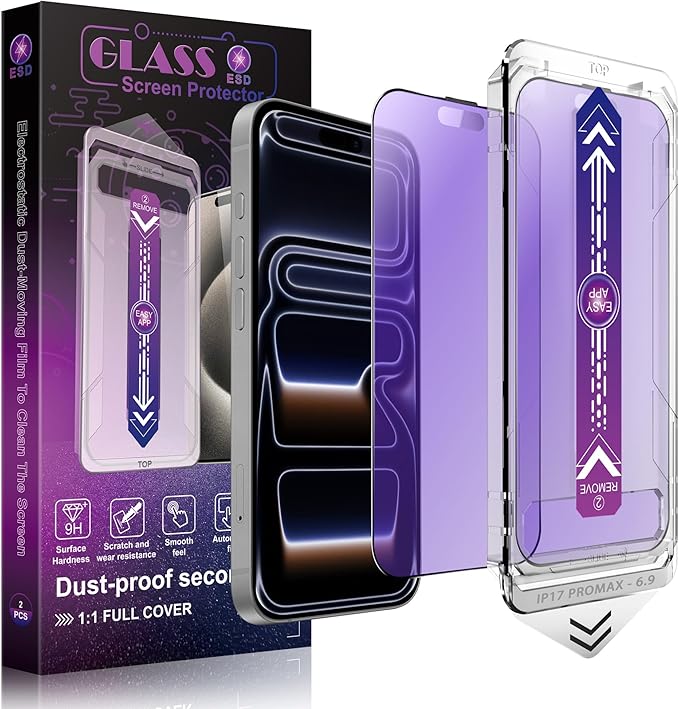 Anti Blue Light Matte Screen Protector for iPhone 17 Pro Max 6.9-Inch, Auto Dust Removal, 9H Tempered Glass, Full Cover, Anti-Fingerprint, Easy Installation, 2 Pack